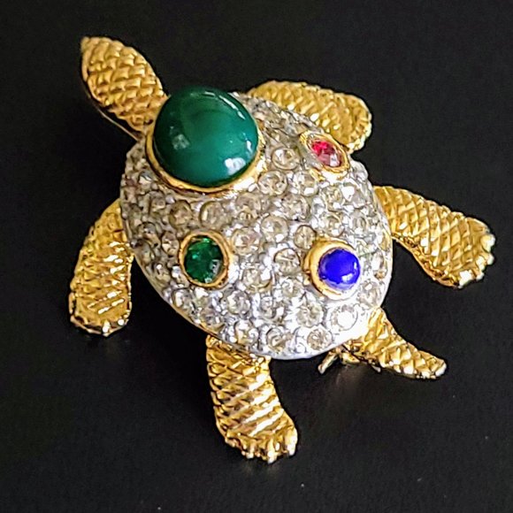 Vintage Sphinx Rhinestone and Cabochon Turtle Brooch Pin - Picture 1 of 9